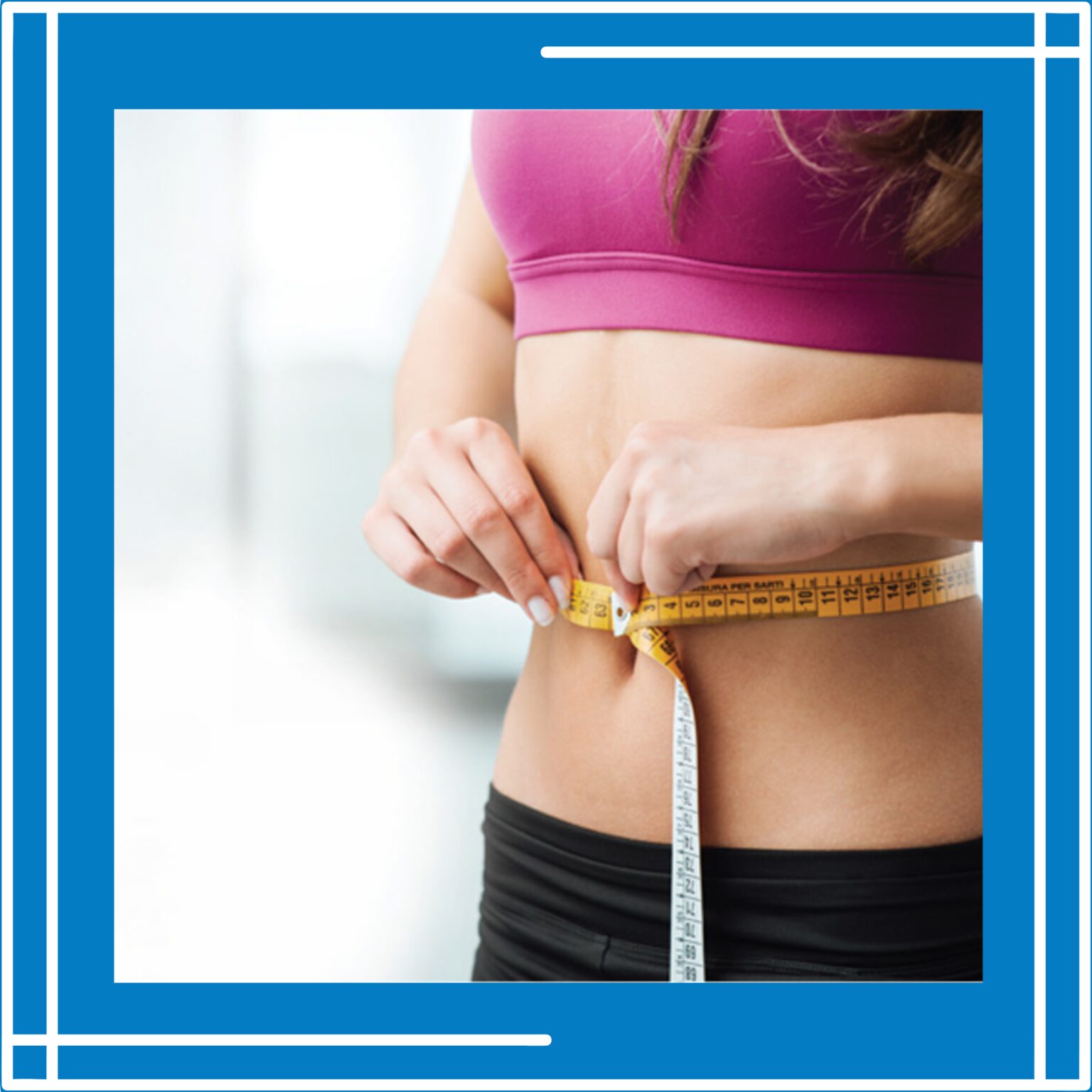 Woman measuring waist for weight loss treatment.